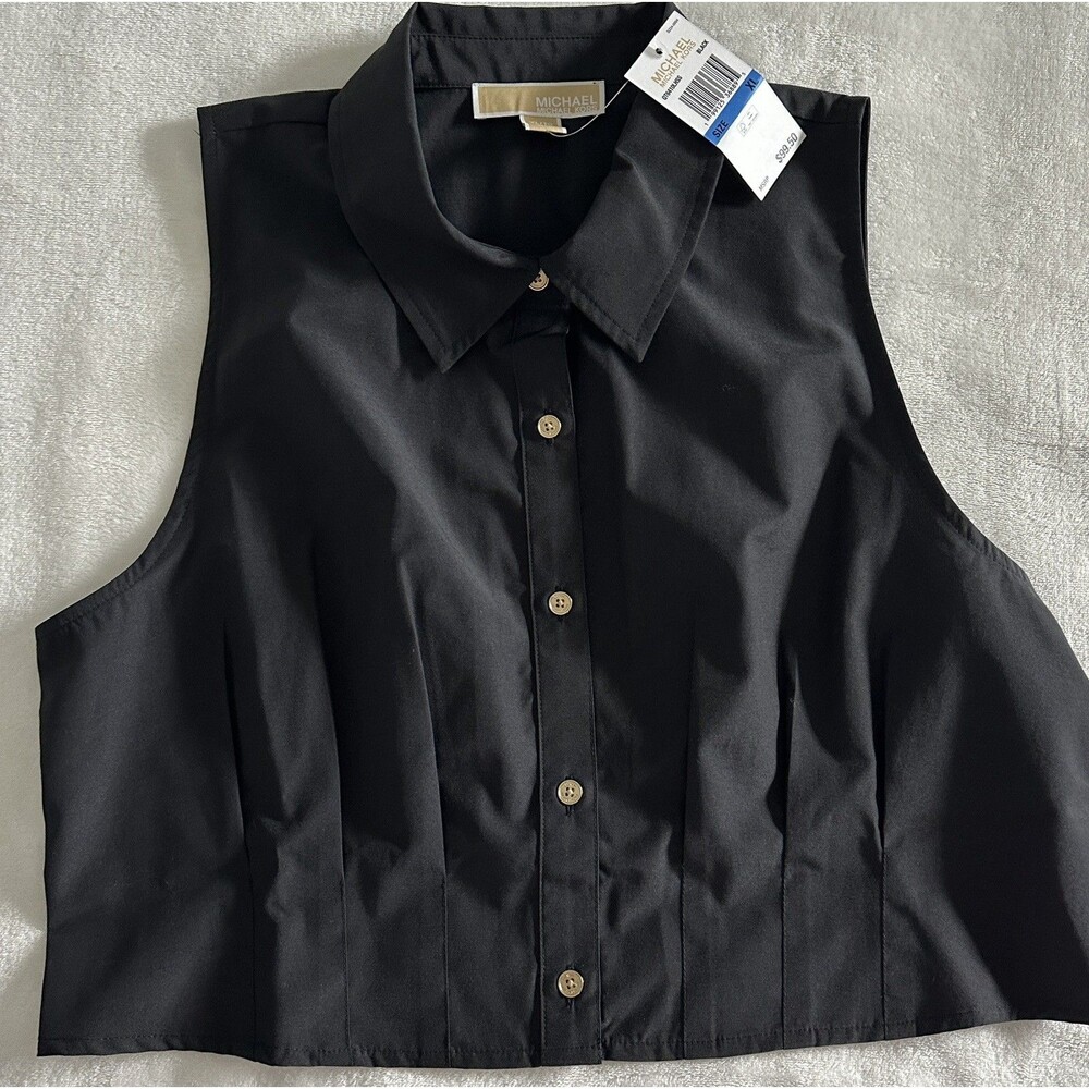 NWT Michael Kors Black Sleeveless Button Down Blouse Top Gold Buttons XL $99.20